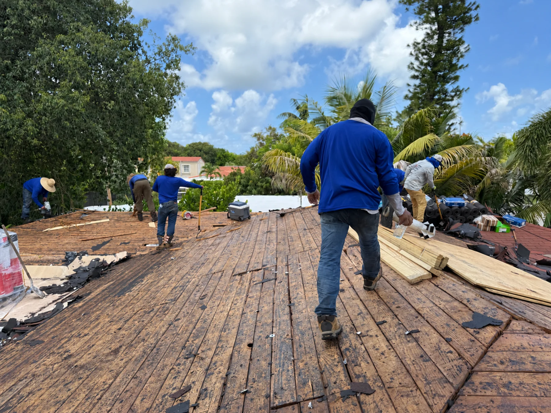 Crew working on wood roof decking at the Javier project