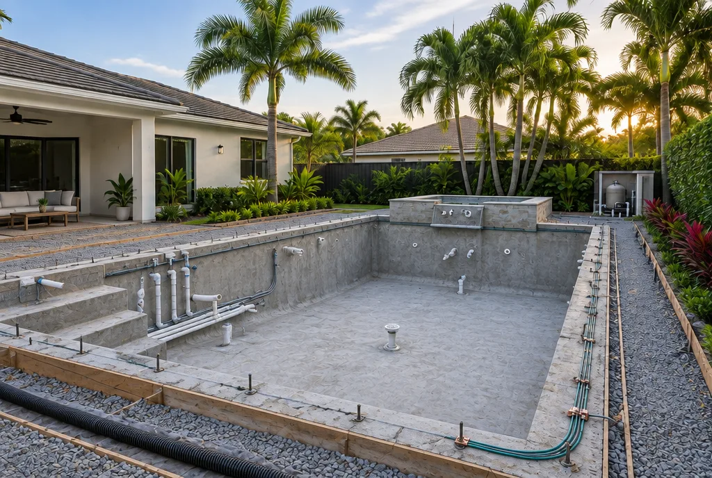 Illustrative pool shell and surrounding reinforcement before final finishes